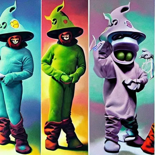 Prompt: beautiful lifelike painting of mf doom as the teletubbies, hyperreal detailed facial features and uv lighting, art by ed roth and basil wolverton