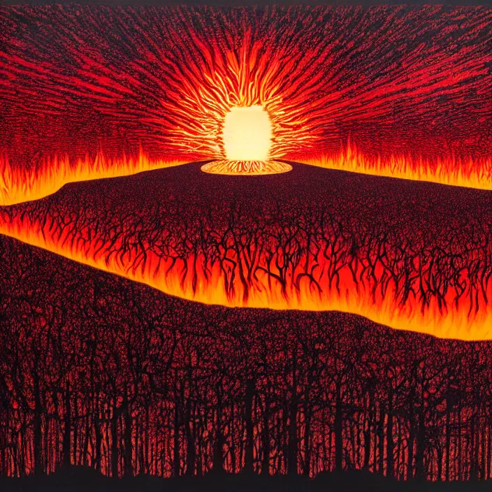 Image similar to alien planet landscape with forests on fire. 1 gigantic red hot sun. jeffrey smith, stanley donwood