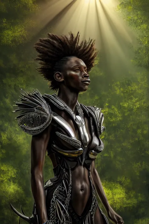 Image similar to hyperrealistic long shot mithra gorgeous black woman intricate exoskeleton bone armor in a forest sun behind her god rays highly detailed concept art eric zener elson peter cinematic low angle hd 8k sharp rack focus