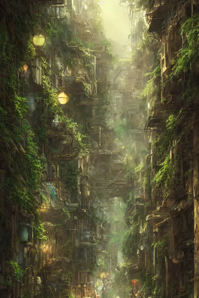 Image similar to Architectural section, movie concept art, steampunk style, Miyazaki tekkonkintreet Teikoku Shounen style, amazing + fantasy Traditional Japanese alley lane on full moon, lush vegetation and ferns, sun rays, octane render, trending on artstation, hyper detailed, cinematic