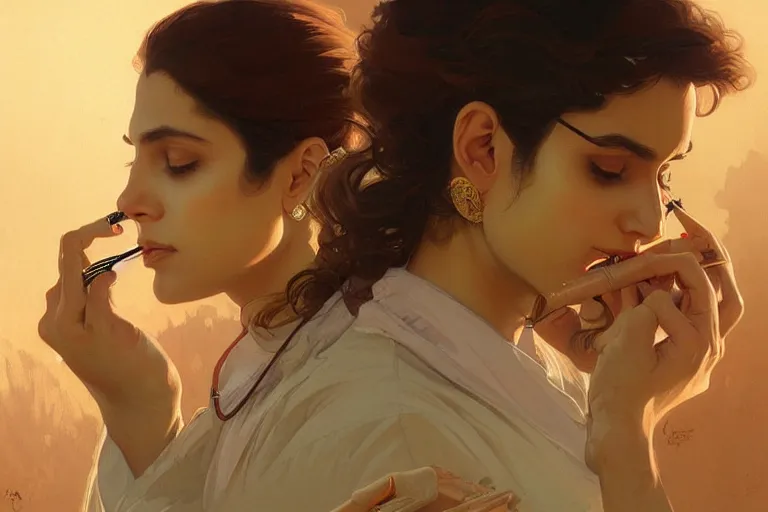 Image similar to Anxious good looking pale young Indian doctors smoking, portrait, elegant, intricate, digital painting, artstation, concept art, smooth, sharp focus, illustration, art by artgerm and greg rutkowski and alphonse mucha