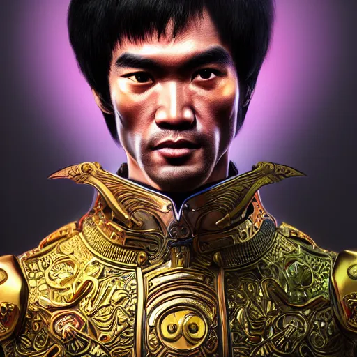 Prompt: studio portrait of legitimate kind colorful bruce lee as divine mech paladin transformers absurdly beautiful, elegant, sigma male, super fine surreal detailed facial illustration by kim jung gi, iraq nadar, intricate lines, clear focus, vivid colors, matte, octopath voyager, final fantasy, unreal engine highly rendered, global illumination, radiant light, intricate environment