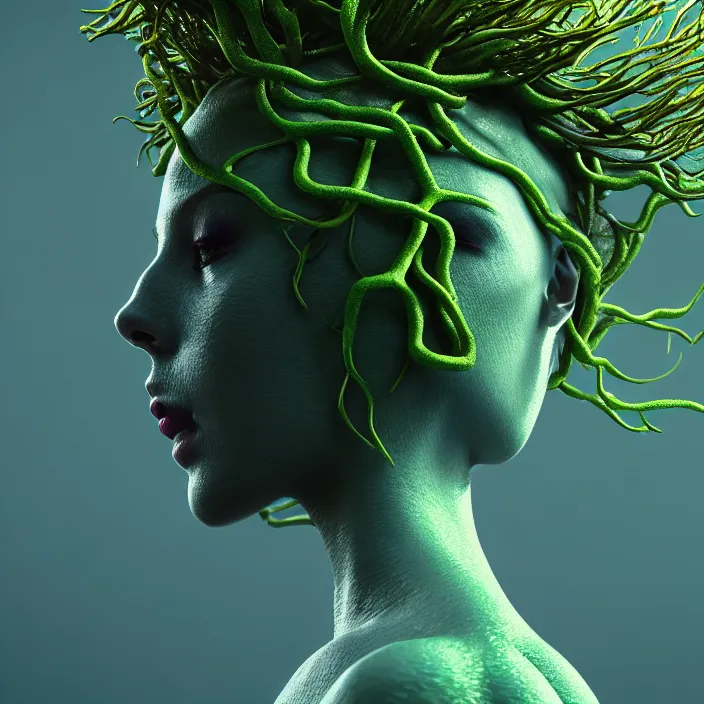 Prompt: female android dryad standing, entwined by seaweed and coral, deep ocean, surreal, light shining through, hyper - realistic, highly detailed, sharp focus, smooth, intricate, octane render
