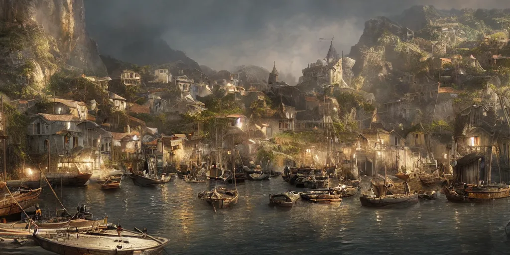 Prompt: beautiful matte painting of a port village by weta workshop 8 k, cinematic dramatic atmosphere, dramatic lighting