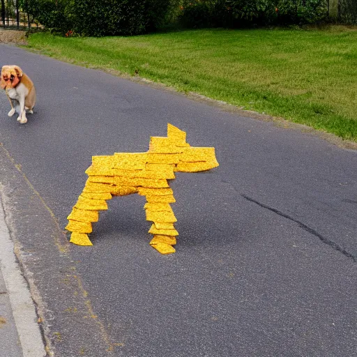 Image similar to boy made of cheese walks a dog made of cheese on a street made of cheese