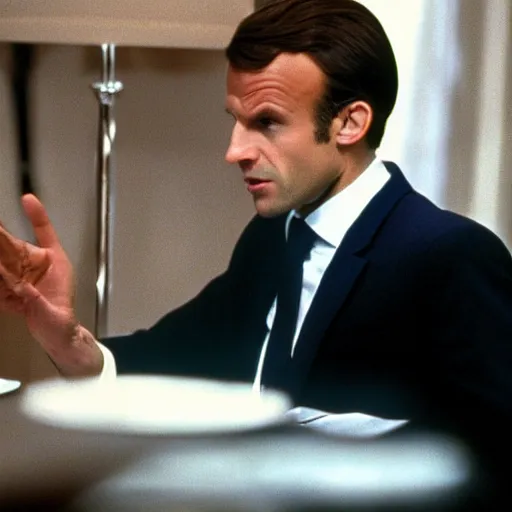 Prompt: Emmanuel Macron wearing snickers in American Psycho (1999)