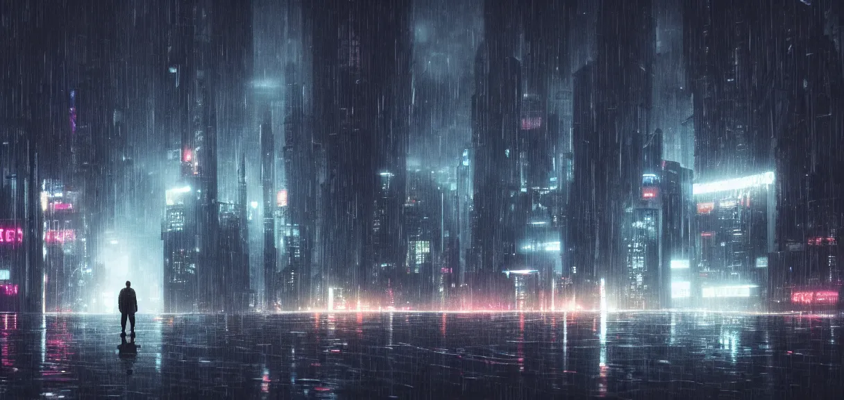 Image similar to shot of the roof with single man sitting on the edge during rain, below impressive cyberpunk night city during great rainy storm with lightning, nightscape, futuristic architecture, realistic photo, neons, blade runner, akira style, cinematic lighting, cinematic angles, dramatic perspective, glory, awe
