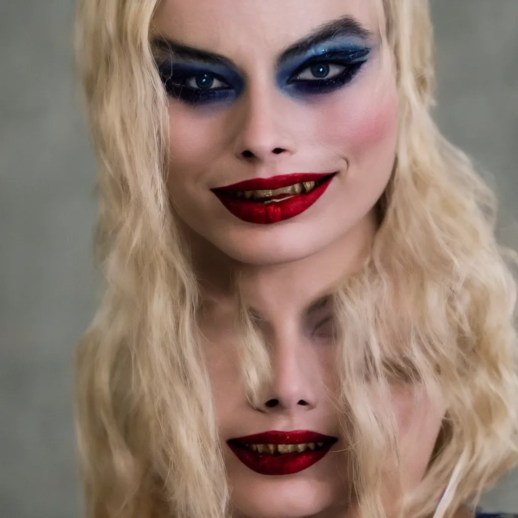 Image similar to a beautiful medium - shot of margot robbie as harley quinn looking for into the distance, beautiful backlight, focus on her face, bokeh, by terry richardson