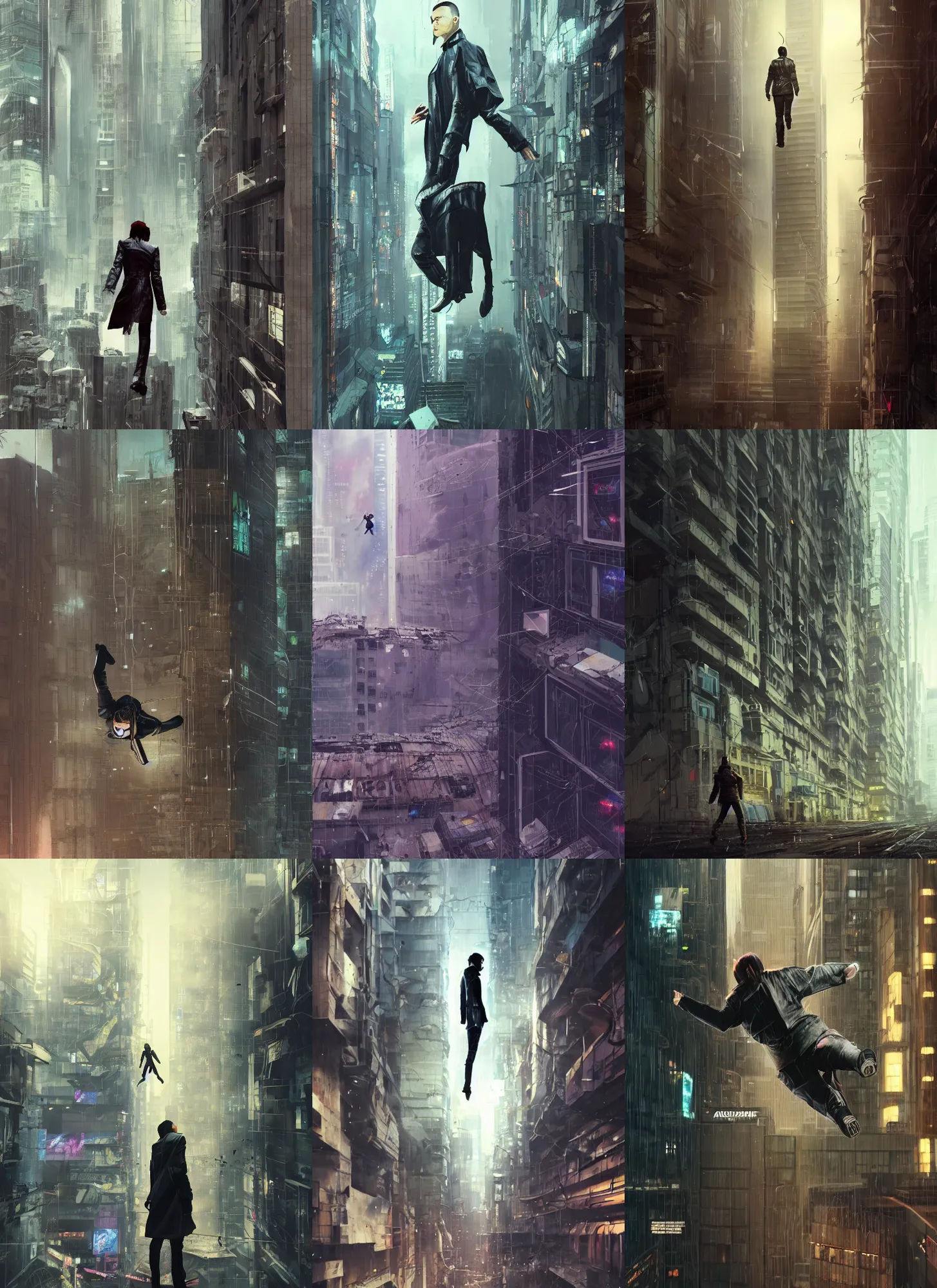 Prompt: animation movie poster of an android falling off a large windowed building in a muddy cyberpunk city, muted colors, anime, futuristic, highly detailed, octane render, movie poster, wearing a leather trench coat, realistic face details, realistically proportioned face, illustration, digital painting, matte painting, good value control, rule of thirds
