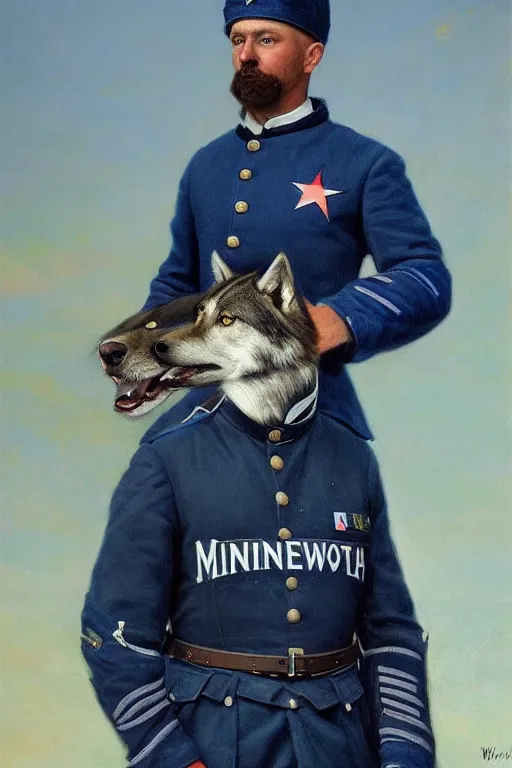 Prompt: portrait minnesota timberwolves military, full battle ready, 1 8 8 9, in full military garb, midnight blue, aurora green, lake blue, moonlight grey, oil on canvas by william sidney mount, trending on artstation