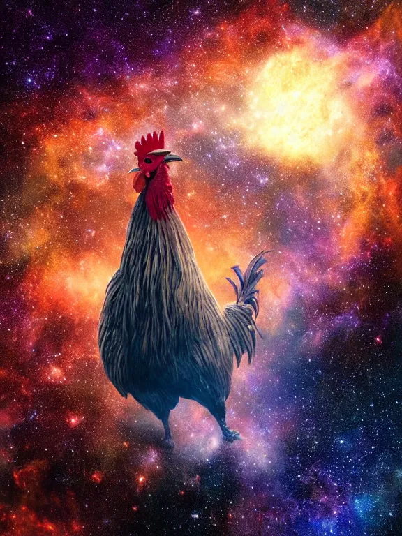 Image similar to a lone giant rooster, centered, floating in space, center of the universe, \ galaxy cosmic nebula, epic, volumetric light, hyperrealistic, glitter, mega detailed, beautiful composition, beautiful lighting, unreal render, 4 k, vincent di fate, john berkey, michael whelan