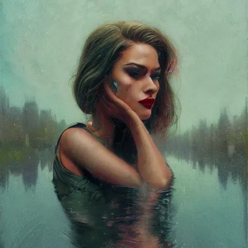 Prompt: detailed face of a woman clothed in textiles, lush, opulent, fauna, utopian, tech noir, wet reflections, prism, atmospheric, ambient, pj crook, syd mead, livia prima, artgerm, greg rutkowski, nick alm, casey baugh