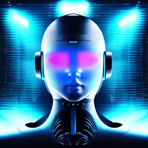 Image similar to portrait of a slick futuristic robot with a large square tv for a head, displaying a digital face. hyper realistic. cyberpunk background. intricate details