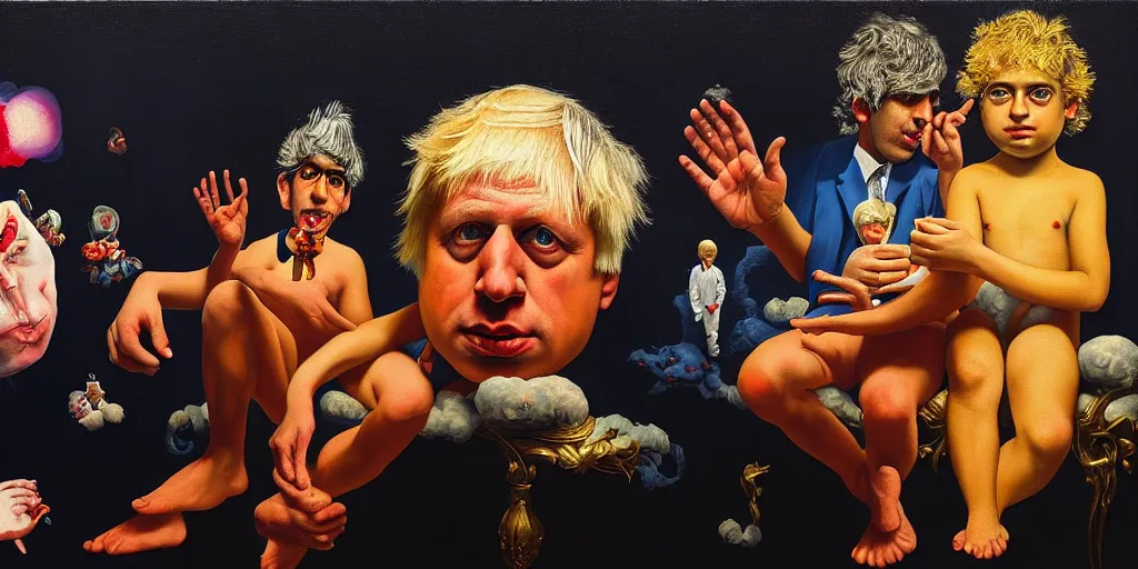 Image similar to rishi sunak and boris johnson in heaven, abstract oil painting by gottfried helnwein pablo amaringo raqib shaw zeiss lens sharp focus high contrast chiaroscuro gold complex intricate bejeweled