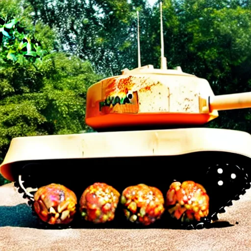 Image similar to a tank with meatballs instead of wheels