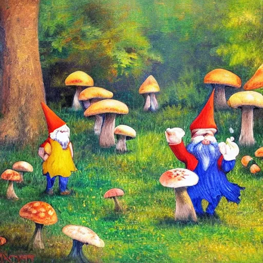 Prompt: gnomes working in a natural forest, building mushrooms, fairytale, impressionism