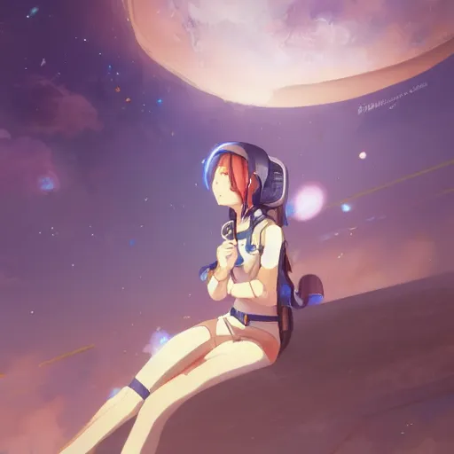 Prompt: anime girl astronaut looking at the universe, by wenjun lin, krenzcushart, loundraw, makoto shinkai