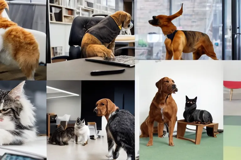 Prompt: dogs and cats are working in co - working modern office