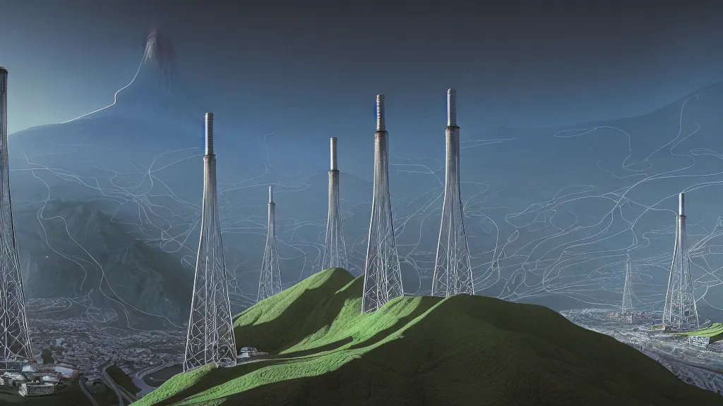 Image similar to Epic Nuclear power towers gracefully over the mountain valley of Quito, Ecuador; by Oswaldo Moncayo and Vincent Callebaut; line work and detailing by Simon Stålenhag, oil on canvas; Art Direction by James Cameron; Location: Quito Ecuador 4K, 8K; Ultra-Realistic Depth Shading