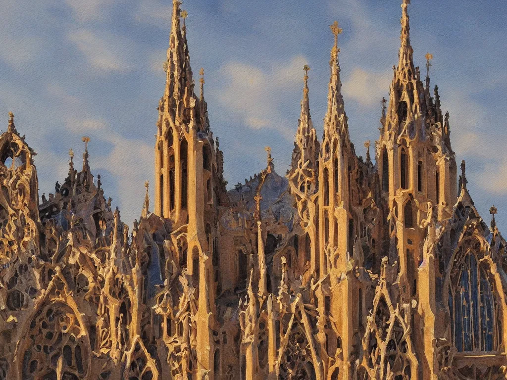 Image similar to a landscape painting of a church by Antoni Gaudí, trending on artstation