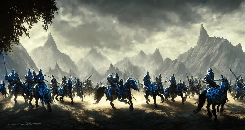 Prompt: army of fantasy knights wearing shiny silver armor some caring blue banners mounted on armored warhorses . Scenic view daylight, underexposed, clean horizon, matte painting by craig mullins and dan mumford, cinematic, high fantasy, style of Excalibur , concept art trending on artstation, 4k, insane details