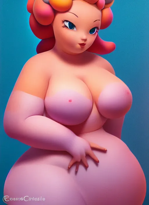 Image similar to portrait of thicc real life princess peach, very large bosum, by charlotte grimm, studio light, detailed face, canon eos c 3 0 0, ƒ 1. 8, 3 5 mm, 8 k, medium - format print, half body shot