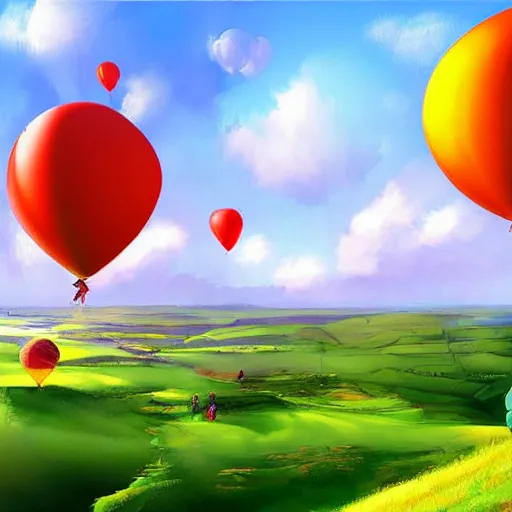 Image similar to digital art of a landscape in bretagne with giant birthday balloons, artstation cgsociety masterpiece