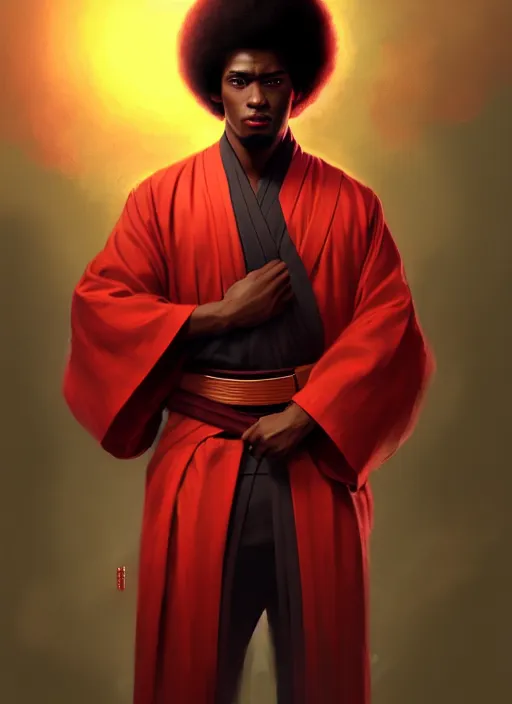 Image similar to photographic portrait of an handsome young black man with an afro and red eyes in a kimono, atmospheric lighting, elegant, highly detailed, digital painting, artstation, concept art, sharp focus, star wars, illustration, art by artgerm and greg rutkowski