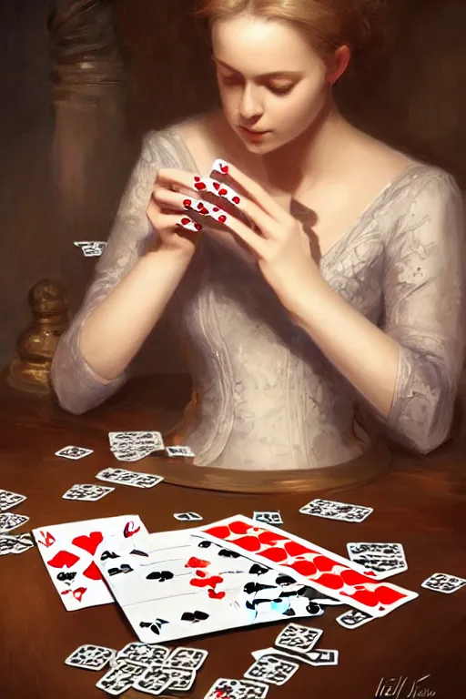 Prompt: firts person view of female hands looking at the table full of playing cards, fantasy, intricate, elegant, highly detailed, digital painting, artstation, concept art, addiction, chains, smooth, sharp focus, illustration, art by ilja repin