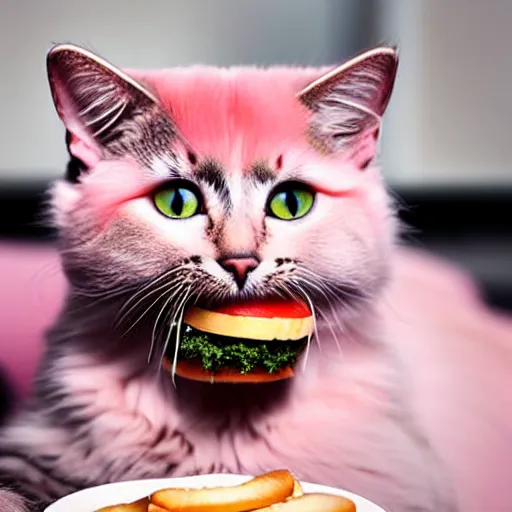 Image similar to photo of a cat with pink fur, eating a hamburger