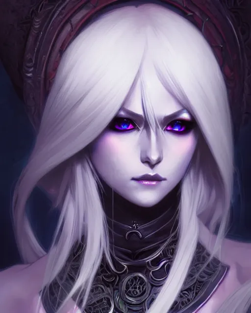 Image similar to portrait of an anime female drow necromancer, hd, illustration, epic, d & d, fantasy, intricate, elegant, highly detailed, digital painting, artstation, concept art, smooth, sharp focus, illustration, art by artgerm and greg rutkowski and alphonse mucha, monster hunter illustrations art book