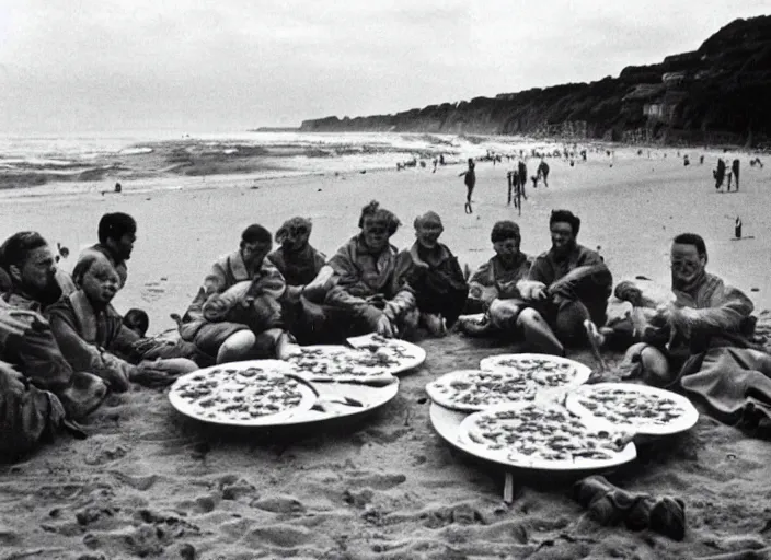 Image similar to vintage photo of a pizza party on omaha beach in normandy