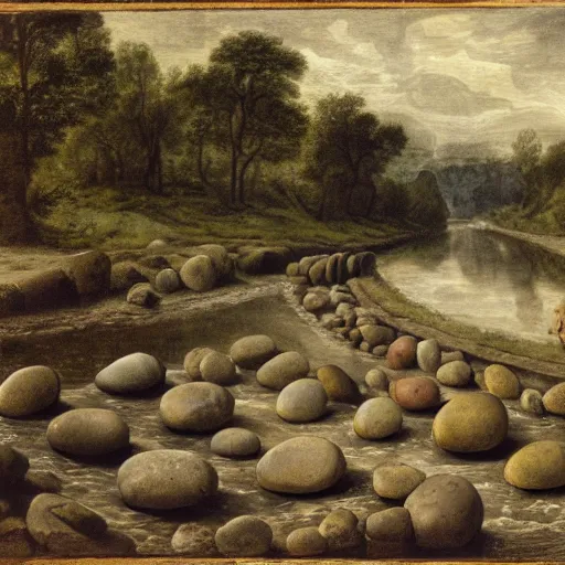 Image similar to detailed footage of european hunger stones in a river, photographic journalism, realistic, european river, 1 6 1 6 writing