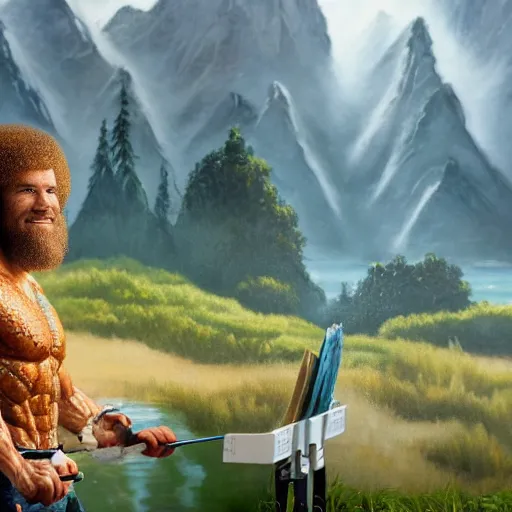 Image similar to a closeup photorealistic photograph of bob ross working on a canvas painting of aquaman. film still. brightly lit scene. mountains and trees. this 4 k hd image is trending on artstation, featured on behance, well - rendered, extra crisp, features intricate detail, epic composition and the style of unreal engine.