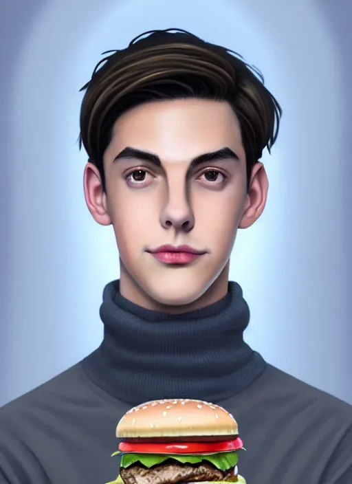 Prompt: portrait of teenage jughead jones wearing a light grey crown, crown, eating hamburger, blue turtleneck, eyes closed, crown, black hair, intricate, elegant, glowing lights, warm lighting, highly detailed, digital painting, artstation, concept art, smooth, sharp focus, illustration, art by wlop, mars ravelo and greg rutkowski