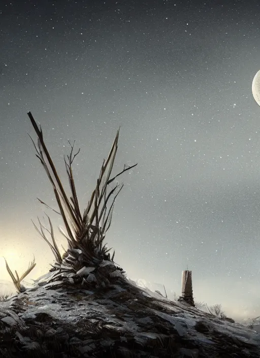 Image similar to an abandoned teepee on the top of a snowy mountain, waxing moon, greg rutkowski, 8 k, shallow depth of field, intricate detail, concept art,