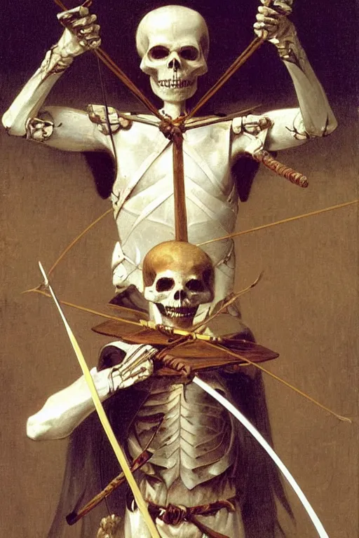 Image similar to portrait of a skeleton archer with bow and arrow in the middle world, wearing helmets with wings, wearing european style armor, holding a sword in both hands, symmetrical, solemn, sacred, aura, by bouguereau