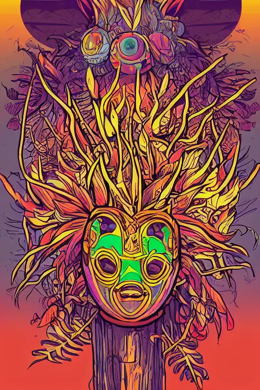 Image similar to animal mask totem roots flower tribal feather gemstone plant wood rock shaman vodoo video game vector cutout illustration vivid multicolor borderlands comics by josan gonzales and dan mumford radiating a glowing aura