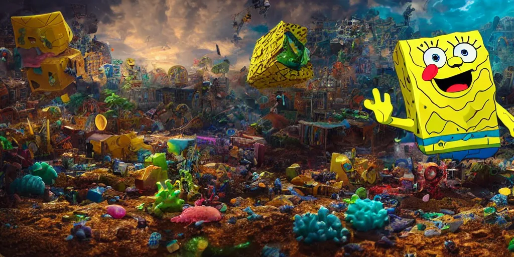 Prompt: Earth destroyed by a huge SpongeBob Toy, realistic 4k octane beautifully detailed render, 4k post-processing, highly detailed, intricate complexity, epic composition, magical atmosphere, cinematic lighting, masterpiece, ultra hd