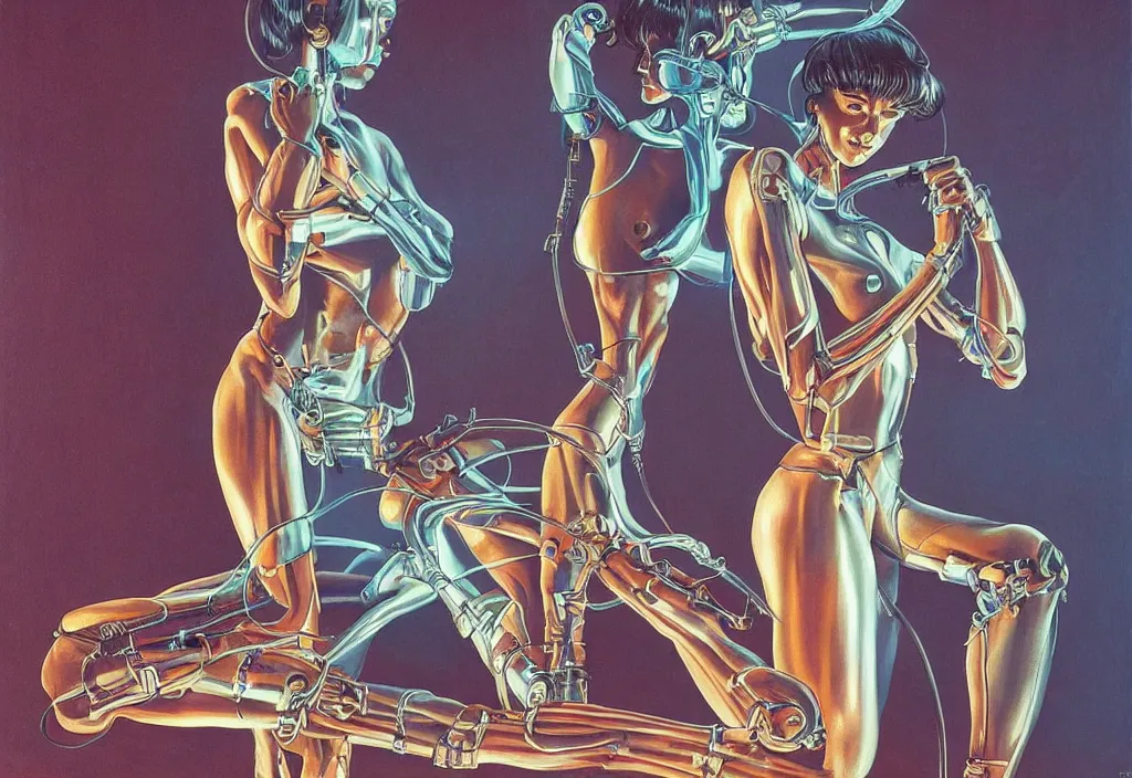 Image similar to A woman with four legs and four arms trying to count her legs, in the style of Hajime Sorayama, extremely detailed masterpiece, oil on canvas, low-key neon lighting, artstation, Blade Runner 2049, Roger Deakin’s cinematography, by J. C. Leyendecker and Peter Paul Rubens and Edward Hopper and Michael Sowa,