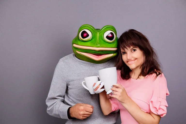 Image similar to girl on a date with pepe the frog drinking coffee, 8 0 s style, studio photo, natural lighting