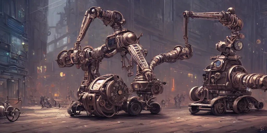 Image similar to hyperrealistic photography of a gorgeous junk cleaning robot on an overpopulated steampunk sci-fi city corner in the style of Jin Kagetsu, James Jean and wlop, highly detailed, masterpiece, award-winning, sharp focus, intricate concept art, ambient lighting, 8k, artstation