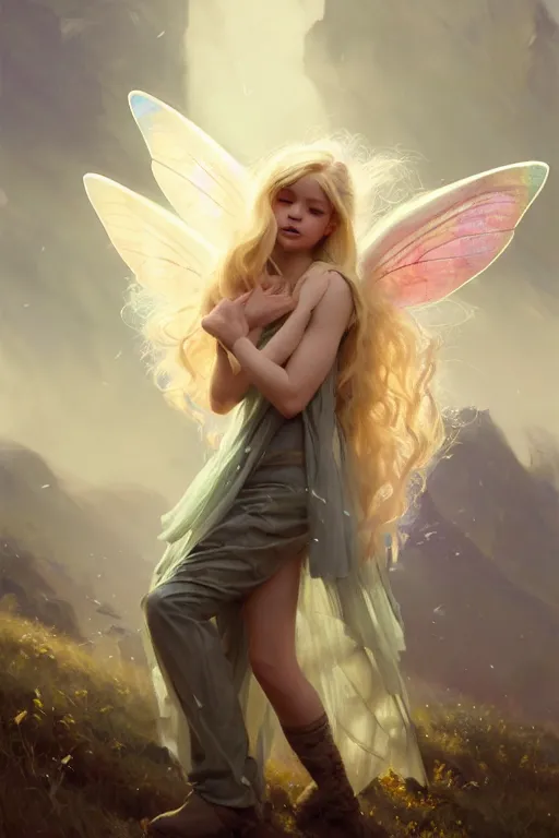 Image similar to cinematic shot of an epic portrait of a cute blonde fairy dressed in military clothes, stylised military clothes, large wings on back, shiny skin, beautiful, small details, realistic poster with volumetric light from jeremy lipkin and michael garmash, craig mallism, artgerm, unreal engine, radiant light, digital art, trends at art station, a masterpiece