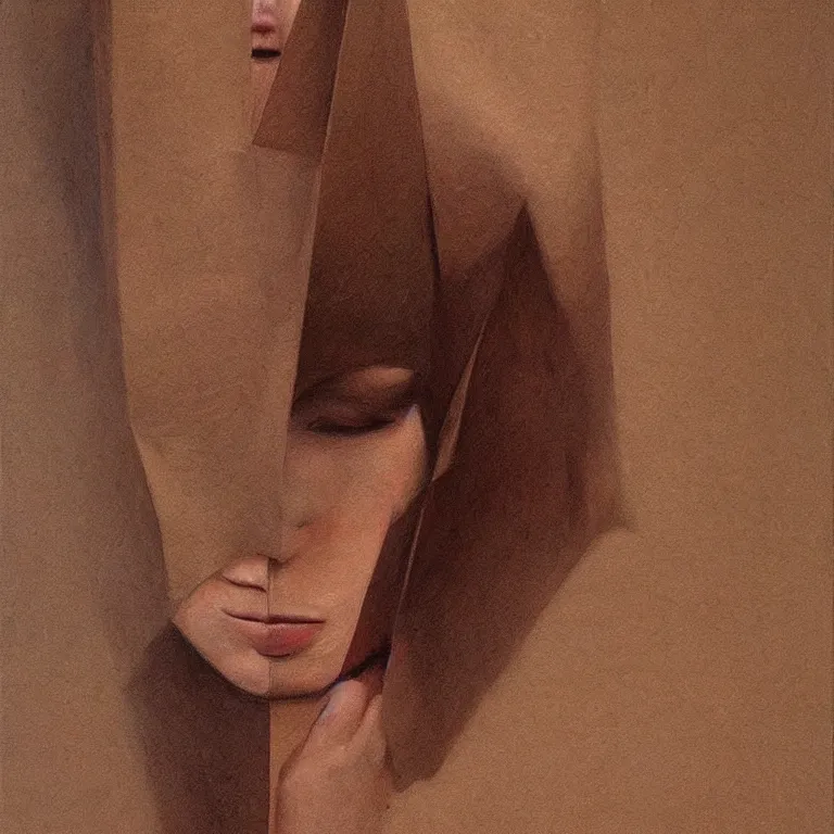 Image similar to woman portrait with a paper bag over the head, highly detailed, artstation, art by zdislav beksinski, wayne barlowe, edward hopper