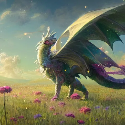 Image similar to beautiful digital fantasy illustration of a closeup adorable giant fluffy feathered sparkling pearlescent pastel dragon sitting alone in a flower meadow, concept art by greg rutkowski, anato finnstark, and rebecca guay, highly detailed, soft lighting,Anton faadev, rendered in octane