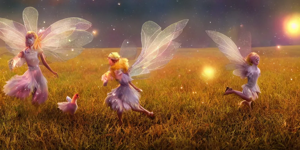 Image similar to magical fairy chickens frolicking in a field, autumn, sparkles, light beams, photorealistic, hyperrealistic, 8 k, trending on artstation