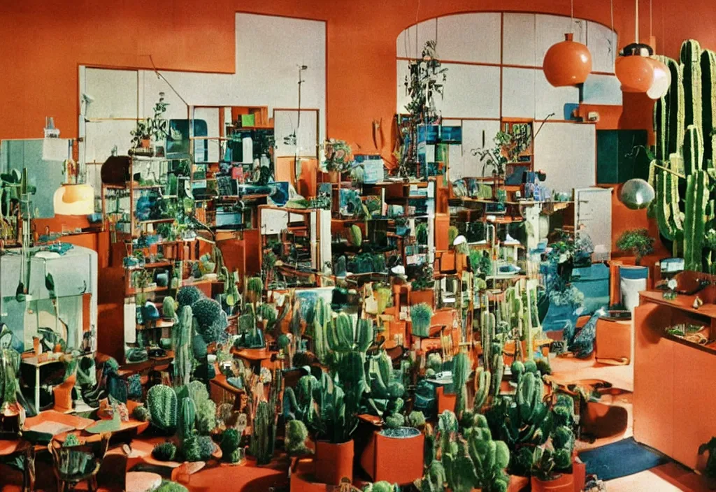 Image similar to 1970s color interior magazine photo of a science lab with glowing lava lamps, with kittens and scientists, wooden walls with framed art, and a potted cactus and some hanging plants, with dappled light coming in through a circular window showing that its dusk outside