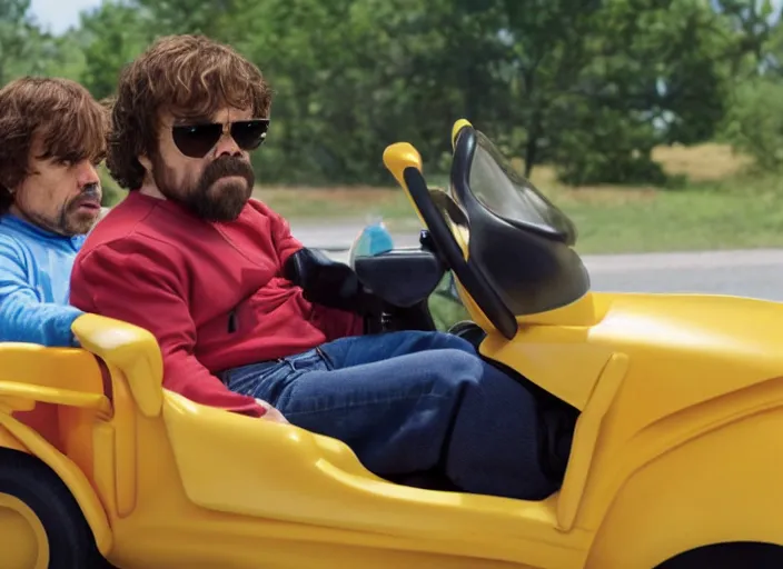 Image similar to peter dinklage and burt reynolds driving a little tikes cozy coupe, movie still, from the new smokey and the bandit, 8 k, realistic