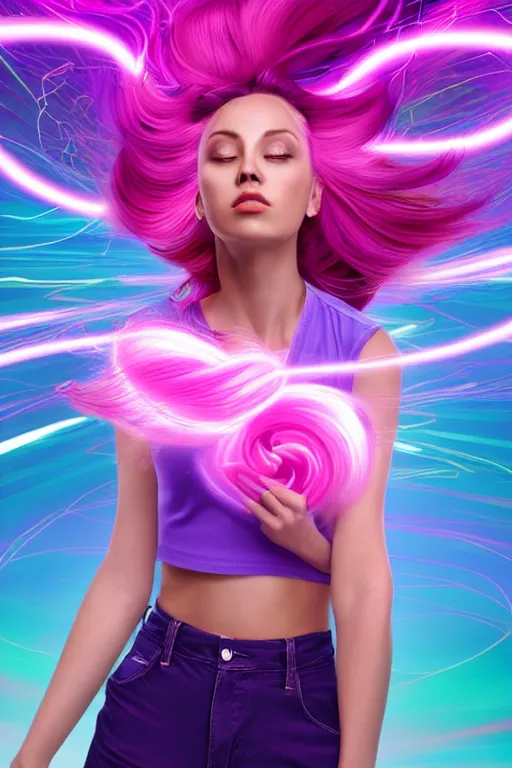 Image similar to a award winning half body portrait of a beautiful woman in a croptop and cargo pants with ombre purple pink teal hairstyle with head in motion and hair flying, surrounded by whirling illuminated lines, outrun, vaporware, shaded flat illustration, digital art, trending on artstation, highly detailed, fine detail, intricate