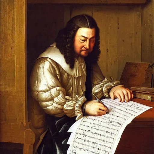 Image similar to highly detailed painting of bach writing a piece of music on a sheet of paper, he is inside of a wooden shack, 4 k resolution, by jaquis luis david, visible paint layers, renaissance.